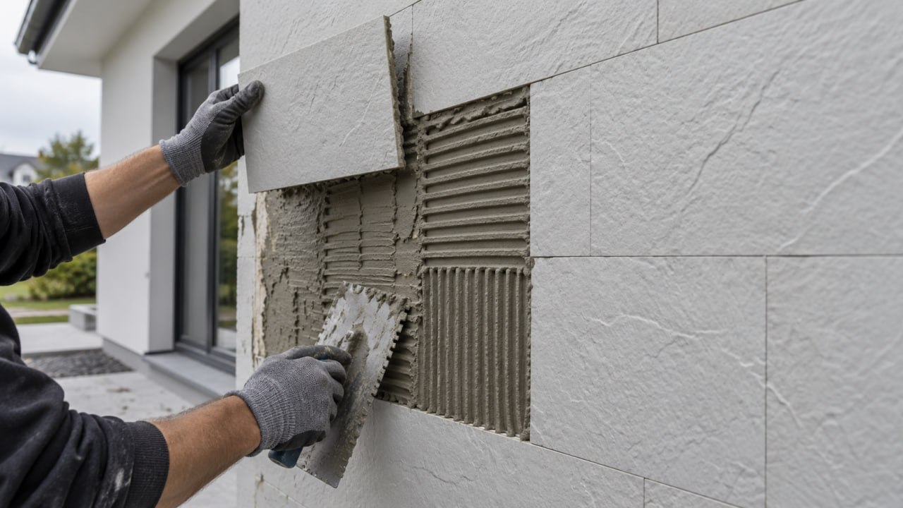 Installer spreading adhesive with a notched trowel and pressing a light flexible tile onto a house facade