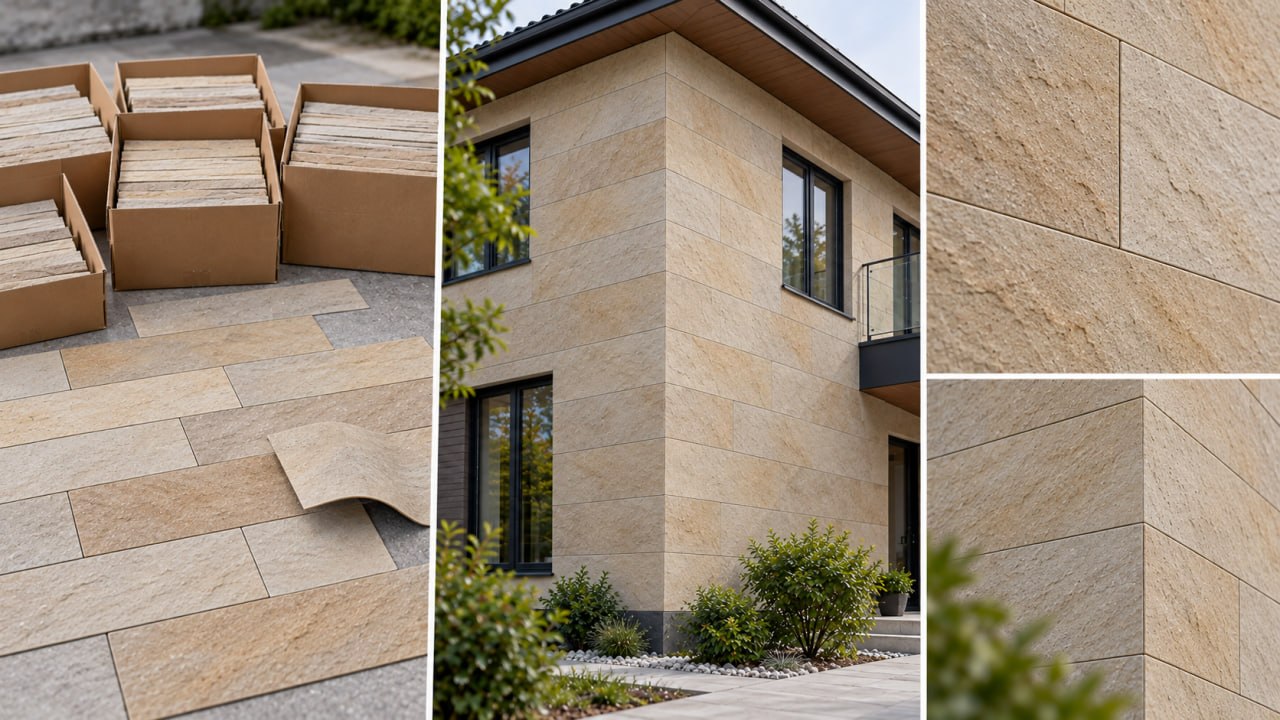 Boxes of beige flexible tile on site, a house corner in the same tile and two close-ups with slight shade variation