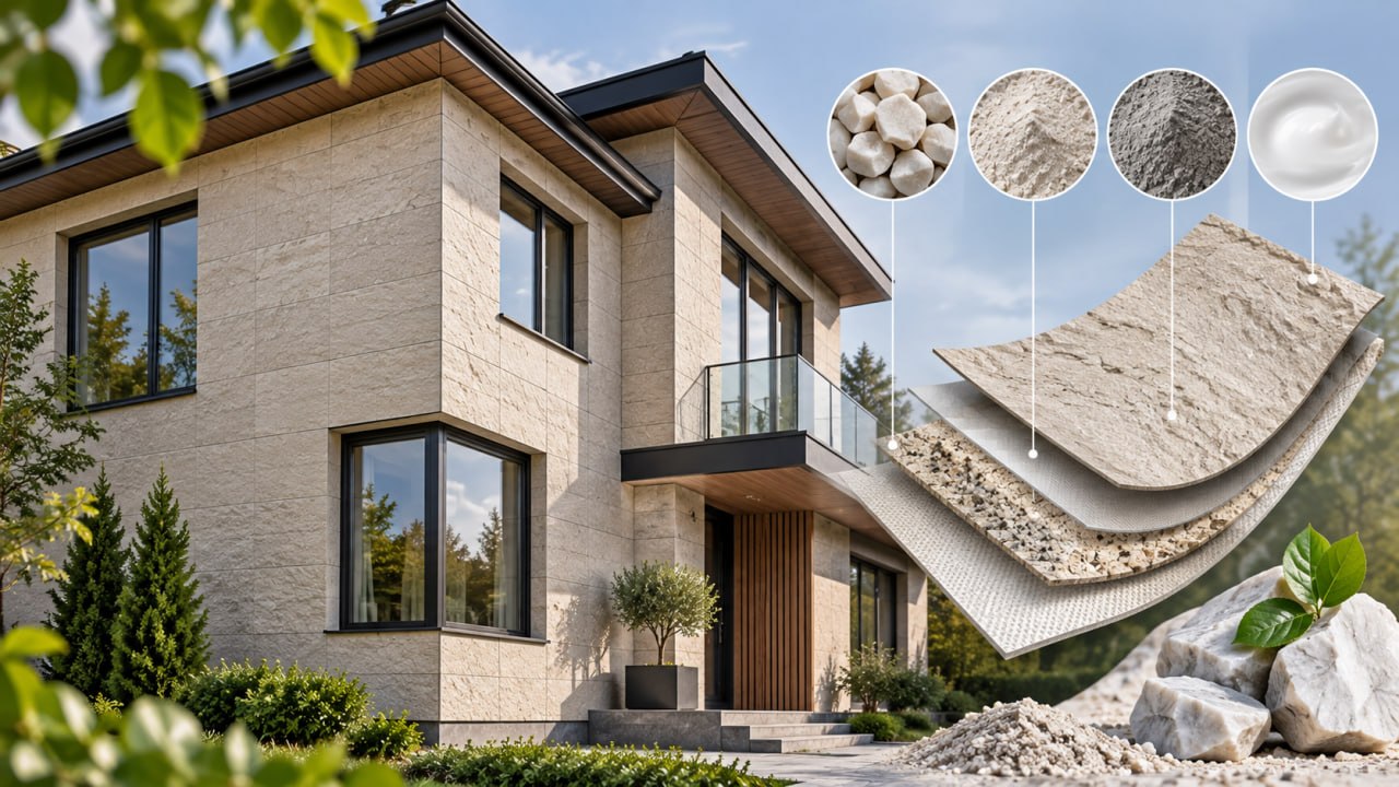 House in beige flexible stone and a cutaway of the tile with its components: quartz, marble flour, cement and acrylic binder