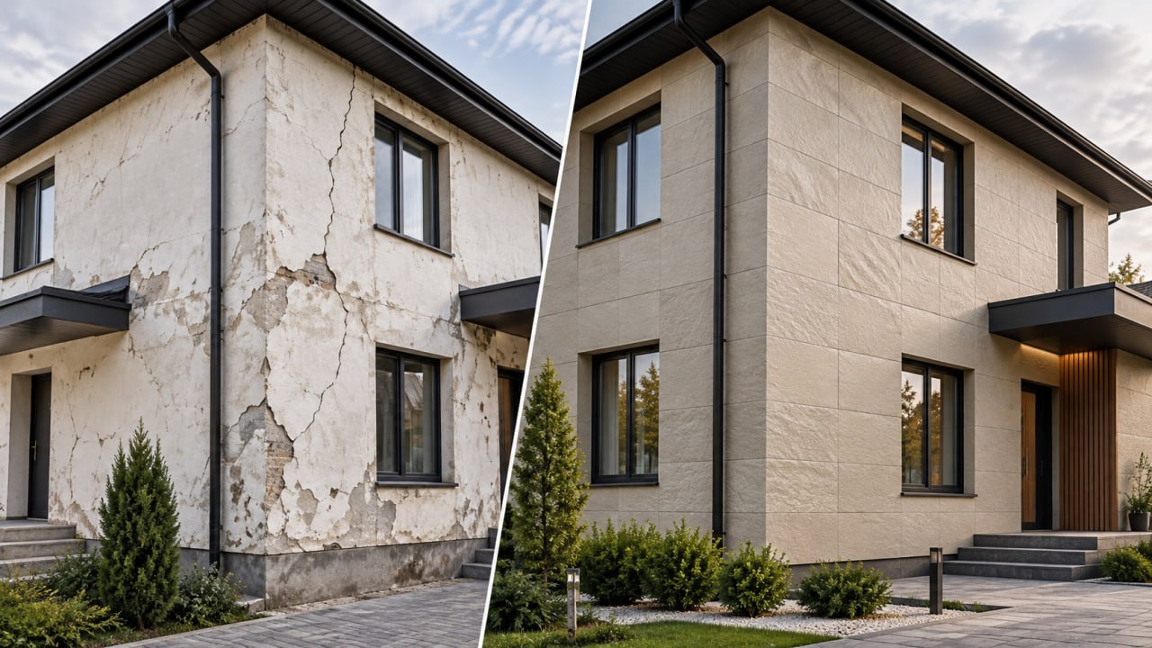 The same house before and after: cracked white plaster on the left, a facade in beige flexible stone on the right