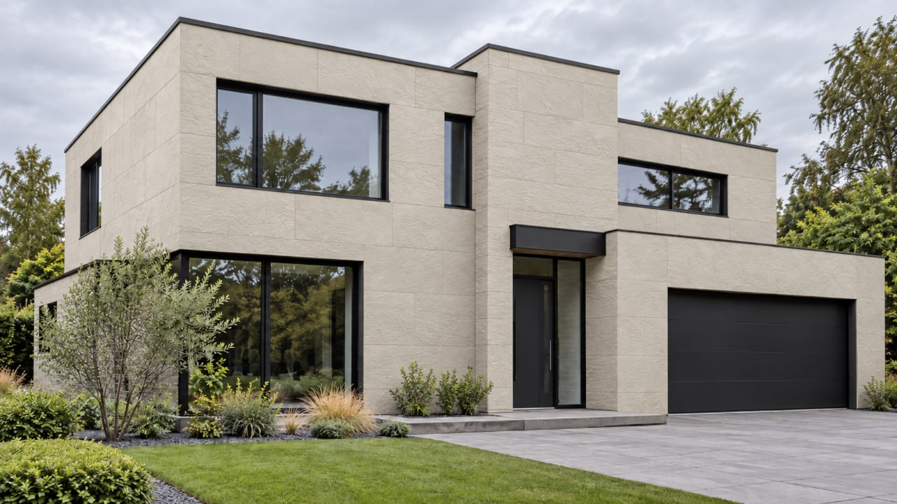 Modern flat-roofed house in large-format beige flexible stone with black window frames, door and garage