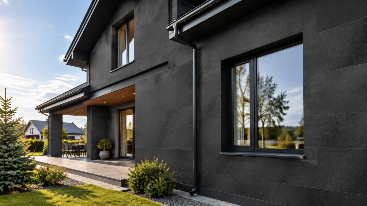 House with an anthracite flexible-stone facade in bright sun, black windows, a downpipe and a covered terrace