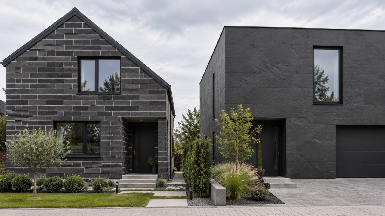Two dark houses side by side: a facade of small-format stone tiles and a facade of large-format panels