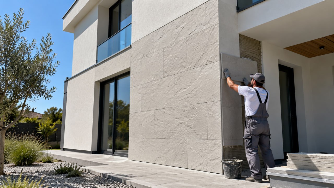 Installer pressing a light flexible tile onto the facade of a private house on a sunny summer day