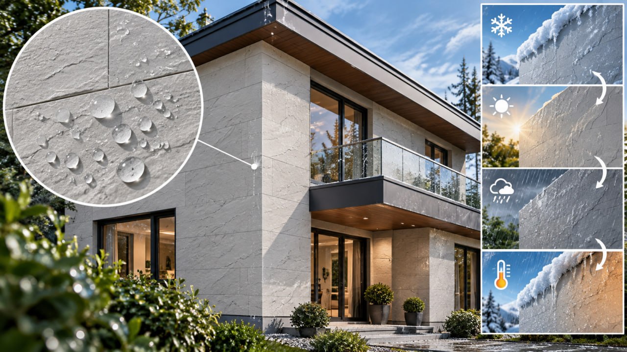 House in light flexible tile, a magnified detail with water droplets on the texture and weather icons: snow, sun, rain