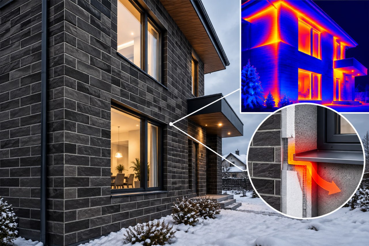 Dark brick facade in winter beside a thermal image of the house with heat-loss zones and a window junction cutaway