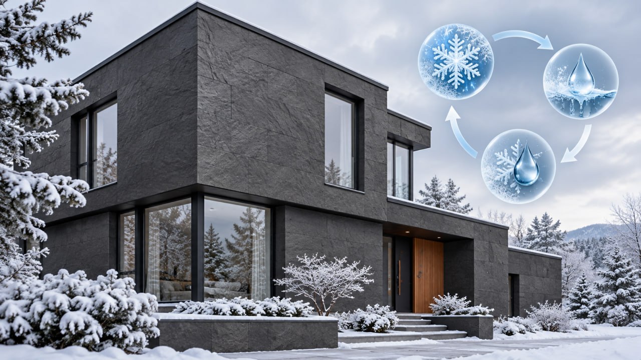 Anthracite flat-roofed house in a snowy garden with a cycle diagram: snowflake, water droplet, frozen droplet