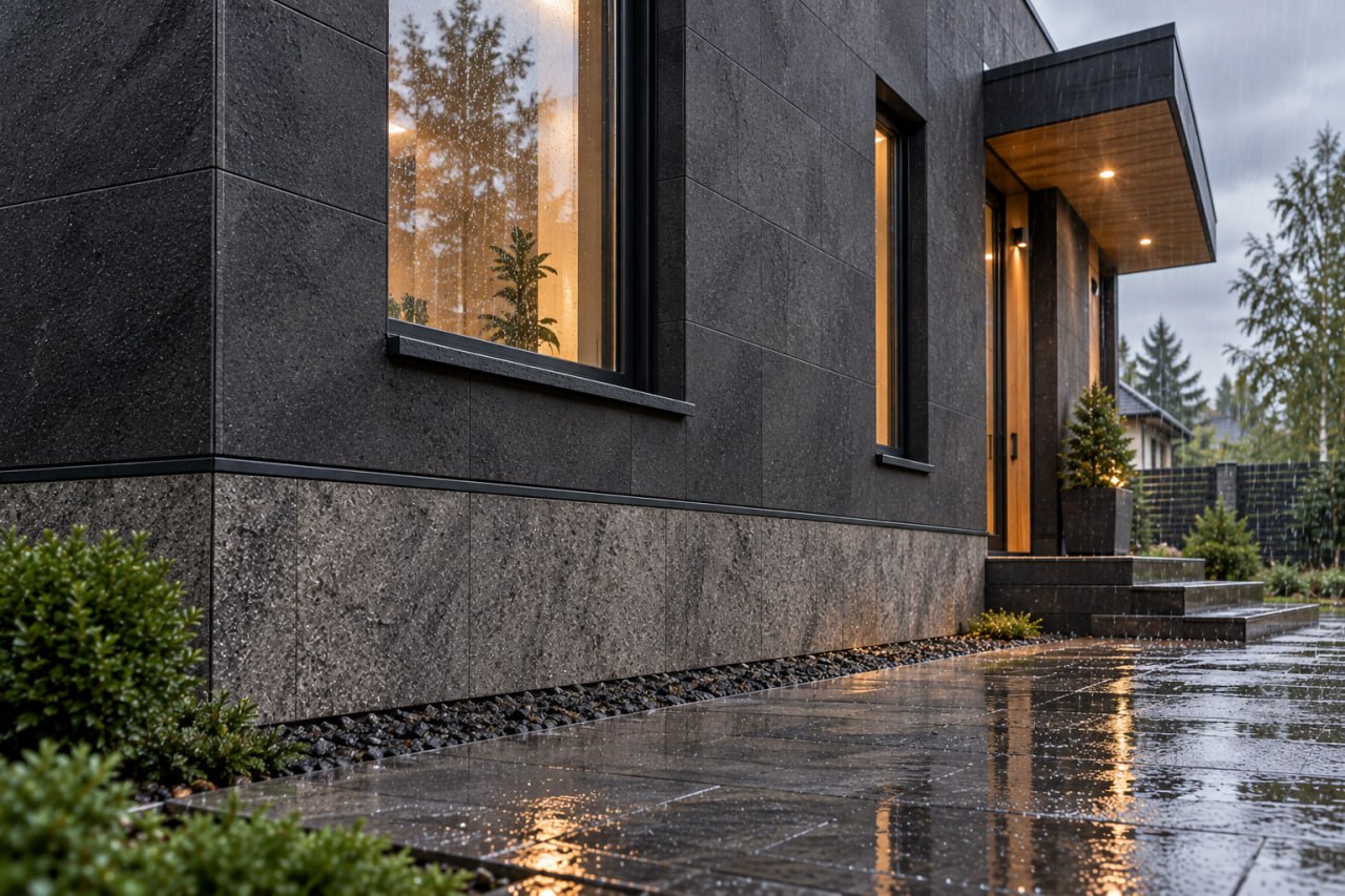 Dark modern house in the rain: grey textured stone plinth, wet terrace paving and a lit entrance