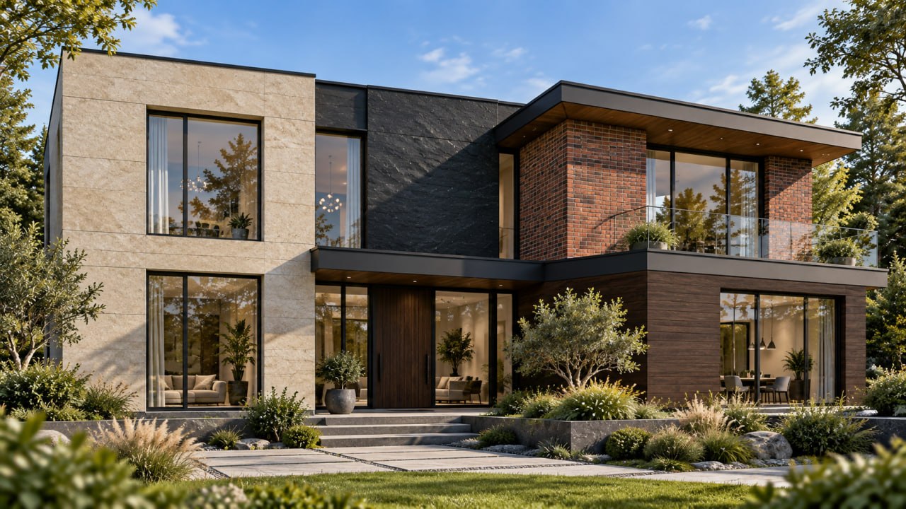 Casa moderna con cuatro texturas: piedra beige, pizarra oscura, ladrillo rojo y madera oscura junto a grandes ventanales